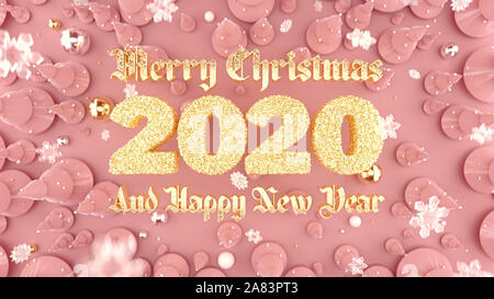 Neues Jahr 2020 typografische Hintergrund mit Weihnachtsbäumen und golden Frohes neues Jahr wünsche. 3D-Rendering. Stockfoto