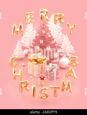 Frohe Weihnachten Poster mit Geschenkboxen und Folie Luftballons Schriftzug. Weihnachten und Neujahr Konzept. 3D-Rendering. Stockfoto