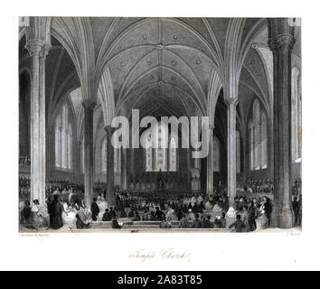 Gewölbte Decke und Buntglasfenster in Temple Church. Stahlstich von Henry Melville nach einer Abbildung von George Cattermole und Henry Melville aus London Interieur, ihre Kostüme und Zeremonien, Joshua Mead, London, 1841. Stockfoto