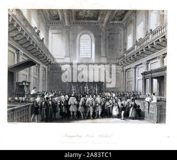 Verteilung von Ihrer Majestät Maundy in der Banquetting House, Whitehall. Jährliche Almosen - Preisverleihung durch Beefeaters in der Fastenzeit. Stahlstich von Henry Melville nach einer Illustration von Thomas Hosmer Shepherd aus London Interieur, ihre Kostüme und Zeremonien, Joshua Mead, London, 1841. Stockfoto