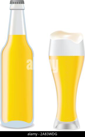 Bier im Glas und transparenten Flasche Bier auf weißem Hintergrund Stock Vektor