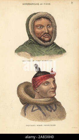 Inuit Mann von Prinz Regent's Bay (Einlass in Baffin Bay) und Inuit Frau Jakobs Bucht (Uummannaq Fjord). Esquimaux (Eskimo) Menschen. Papierkörbe Stahlstich von Lizars nach einer Illustration von Charles Hamilton Smith aus seinem natürlichen Geschichte der menschlichen Gattung, Edinburgh, W. H. Lizars, 1848. Stockfoto