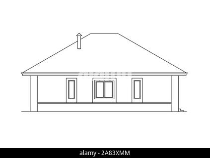 Architektonische Fassade eines Hauses. Die Zeichnung der Hütte. Auf weissem Hintergrund. Vector schwarz Abbildung: EPS 10. Stock Vektor