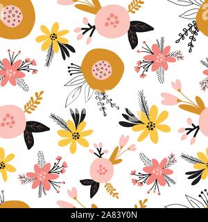 Die nahtlose Vektor florale Muster mit stilisierten Skandinavischen Blumen in pink Gold gelb orange auf weißem Hintergrund. Dekorative retro für Stock Vektor