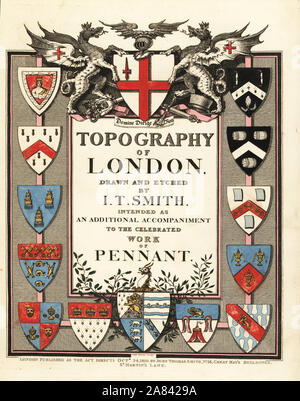 Titelseite mit Kalligraphie und Wappen. Papierkörbe Kupferstich Richard Sawyer von John Thomas Smith's Topographie von London, 1810. Stockfoto