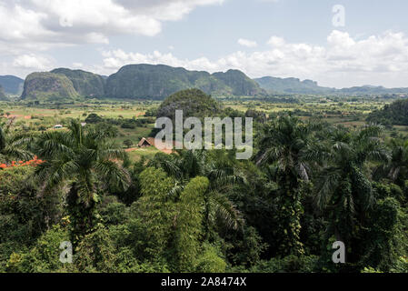 Von der Outlook Aussichtspunkt am Mirador Los Jazmines C, über Valle de Vinales, in Richtung der Mogotes Karstgebirge, einem UNESCO-cultura Stockfoto