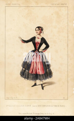 Mme. Elisabeth Augustinus Bressant wie Nini Pompon in Les Deux Compagnons du Tour de France von lockroy und Wailly, Theater des Varietés, 1845. Papierkörbe Lithographie nach einer Zeichnung von Alexandre Lacauchie von Victor dollet's Galerie Dramatique: Kostüme des Theater de Paris, Paris, 1845. Stockfoto