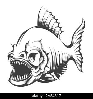 Piranha fischen in Gravur Stil isoliert auf Weiss. Vector Illustration. Stock Vektor