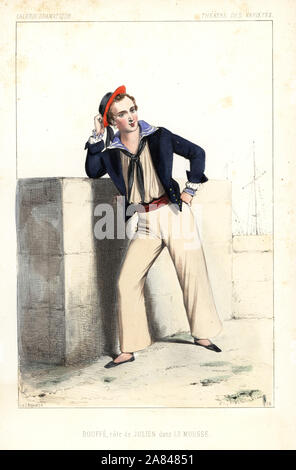 Französische Komiker Schauspieler Hugues Marie Wunsch Bouffe als Julien in Le Mousse (Der Junge) von Emile Souvestre, Theater des Varietees, 1846. Papierkörbe Lithographie nach einer Zeichnung von Alexandre Lacauchie von Victor dollet's Galerie Dramatique: Kostüme des Theater de Paris, Paris, 1846. Stockfoto