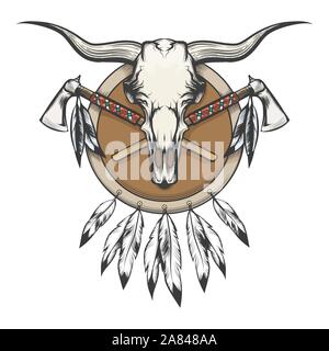 Native Americans Emblem. Stier Schädel und Tomahawk auf einem Schild. Vector Illustration. Stock Vektor