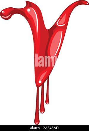 Tropft Blut spritzte Buchstaben V auf weißem Hintergrund. Stock Vektor