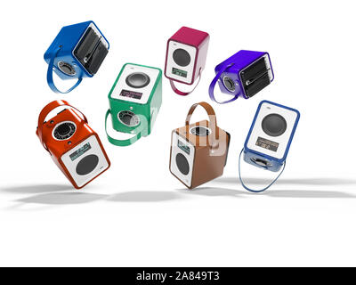 Concept Gruppe tragbares Radio tanzen in Leder in verschiedenen Farben 3D-Render Abbildung auf weißem Hintergrund mit Schatten Stockfoto