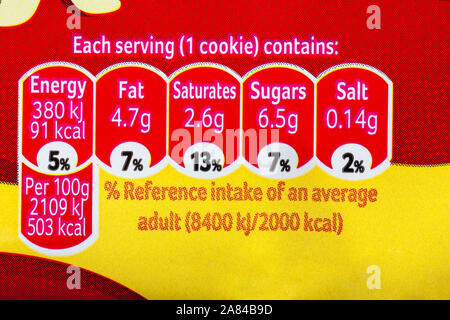 Nutritional information on packet of Maryland cookies Wonders toffee popcorn crunch biscuits Stockfoto
