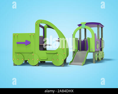 Grün Lila Auto und Zug Spielplatz für Kinder mit Rutsche 3D-Render auf blauem Hintergrund mit Schatten Stockfoto