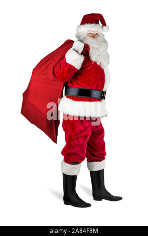 Klassische traditionelle rote Weihnachtsmann mit rotem Jute-tasche Sack voller Geschenke Geschenk bereit für die Lieferung auf weisse Weihnachten Hintergrund isoliert Stockfoto