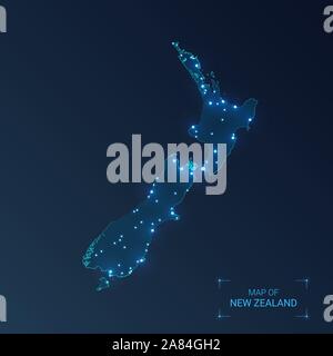 Neuseeland Karte mit Städten. Leuchtenden punkten - Neonlicht auf dunklem Hintergrund. Vector Illustration. Stock Vektor