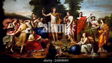 Parnassus 1761 von Anton Raphael Mengs 1727-1779, Italien, Italienisch. (Die allgemeine Zusammensetzung wird durch Raffaels Fresko "parnas" in der Stanza della Segnatura im Vatikan Palace in Rom inspiriert. In der Mitte ist Apollo Mousagetes, den Gott der Sonne, der Patron der Künste und der Führer der Musen, mit seiner Attribute einer Leier, eine Krone auf dem Kopf und einem Lorbeerkranz in der Hand. Platz zu seiner Rechten ist der Mnemosyne, die Mutter der Musen und die Göttin der Erinnerung, als auch Klio, die Muse der Geschichte, Thalia, der Muse der Komödie und die tanzenden Erato und Terpsichore. Zu seiner Linken ist Kalliope Stockfoto