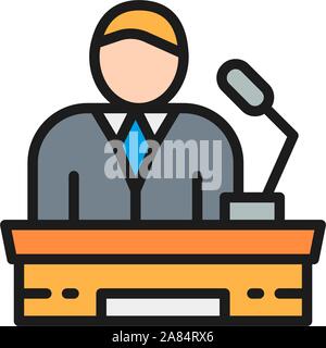 Lautsprecher auf der Tribüne, Projektpräsentation, Präsident, Leiter flachbild Color Line Symbol Stock Vektor