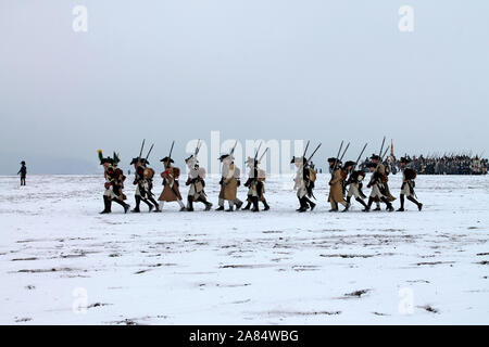 Drei Kaiser Wiederaufbau. Schlacht von Austerlitz 1805 Jahr. Slavkov. Tschechische Republick. 02.12. 2018 ihr Stockfoto