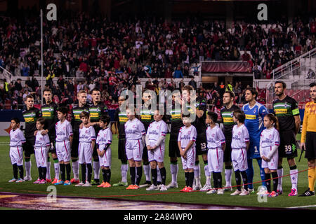 Line-up von Borussia Mönchengladbach vor dem Europa League Spiel (Runde 32) zwischen dem FC Sevilla und Borussia Mönchengladbach im Stadion Ramon Sanchez Pizjuan am 19. Februar, in Sevilla, Spanien 2015 Stockfoto