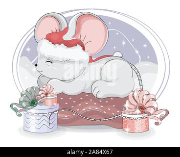 Sleepping Maus. baby Ratte. Symbol 2020 Jahr in Santa Kappe, in Kissen. Bild in der Hand Zeichnung Cartoon Stil, für Weihnachten oder Neujahr Grußkarte, p Stock Vektor