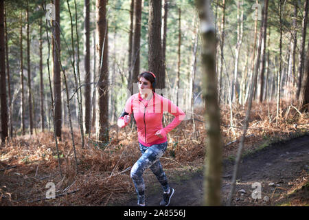 Frau läuft auf Trail im Herbst Wald Stockfoto