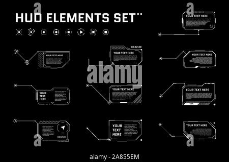 HUD Digital futuristische Legende Titelset. Rufen Sie die Bezeichnungen der Sci Fi-Rahmenleiste auf. Präsentation oder Infografik Moderne digitale Infobox Layout Vorlage. Interface HUD UI GUI Style Element. Vektorgrafik Stock Vektor