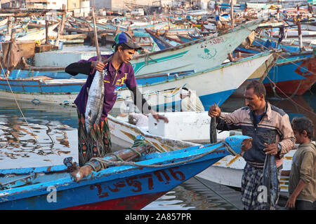 Hodeida/Jemen - 04 Jan 2013: Der Fischmarkt in Hodeida, Rotes Meer, Bab El Mande, Jemen Stockfoto