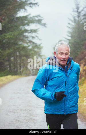 Ältere Menschen joggen auf Trail im regnerischen Wald Stockfoto