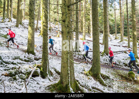 Freunde joggen bis Trail im verschneiten, remote Woods Stockfoto