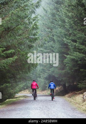 Paar Mountainbiken auf Trail in feuchten Wäldern Stockfoto