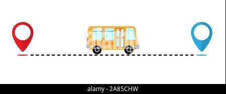 Symbol weg der Bus von einem Punkt zu einem anderen. Bus Route. Flache einfaches Design. Stock Vektor