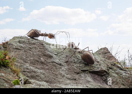 KOTKA, Finnland - 02 November, 2019: Zwei große Ameisen aus Holz und Metall auf einem steilen Felsen in einem der Parks der Stadt Kotka. Stockfoto