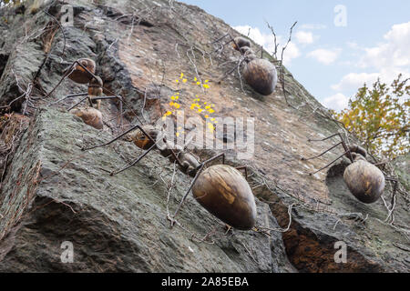 KOTKA, Finnland - 02 November, 2019: Zahlen der Ameisen aus Holz und Metall auf einem steilen Felsen in einem der Parks der Stadt Kotka. Stockfoto