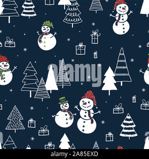 Spaß und niedlichen hand Schnee mans nahtlose Muster, Winter themed Kulisse - toll für Textilien, Verpackung, Banner, Wallpaper, Vektor Design gezeichnet Stockfoto