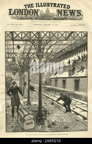 Vordere Seite der London Illustrated News Januar 1891 17. Streikende Eisenbahner zerstören Motherwell Station, Schottland Stockfoto