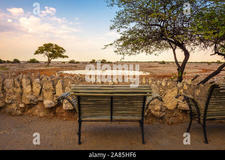 Sitzbank am Wasserloch von Okaukuejo Campingplatz in Etosha National Park, Namibia Stockfoto