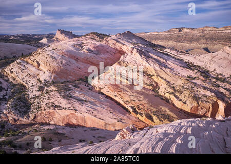 Formationen auf gelben Felsen, um den Cockscombe Uplift auf der Cottonwood Canyon Road, Utah, USA Stockfoto