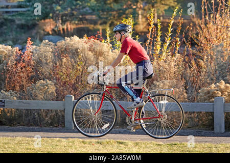 Ein älterer Fahrrad Fahrer navigiert einen gepflasterten Weg entlang des Deschutes River im Farewell Bend Park, in Bend, Oregon. Stockfoto