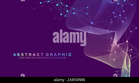 Erweiterung des Lebens. Bunte explosion Hintergrund mit angeschlossenen Leitung und Punkten, Wave fließen. Visualisierung Quantum Technologie. Abstrakte Grafik Stock Vektor