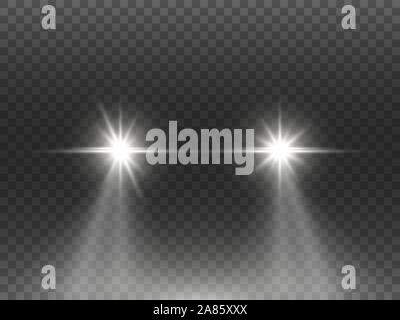 Auto Lichter Effekt auf dunklen transparenten Hintergrund. Realistische Scheinwerfer Konzept. Automobil weiß Flares lokalisiert. Helle auto Strahlen in der Nacht. Auto Strahlen Stock Vektor