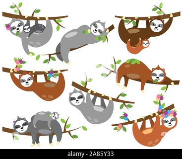 Vektor Sammlung von niedlichen Faultiere in verschiedenen Positionen und mit Babys Stock Vektor