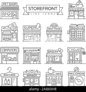 14 storefronts wie Bäckerei, Blumen Shop, Boutique und Book Store dünne Linie Symbole. Handel und Handwerk Konzept Vector Illustration Stock Vektor