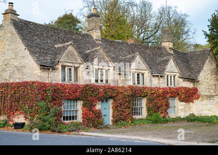 Parthenocissus Tricuspidata. Boston Ivy/Japanische Kriechgang im Herbst auf einem Cotswold Cottage in Burford, Cotswolds, Oxfordshire, England Stockfoto