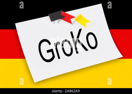 Deutsche GroKo große Koaliation Flagge mit Label auf weißem Stockfoto