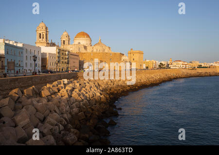 Die Kathedrale von Cadiz bei Sonnenuntergang, Avenue Campo del Sur, Cadiz, Andalusien, Spanien, Europa Stockfoto