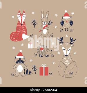 Cute cartoon Waldtieren im skandinavischen Stil. Weihnachten lustige Zeichen auf Kraftpapier Hintergrund. Flache Vektor illustartion. Stock Vektor