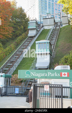 Die Wasserfälle Incline Railway, ursprünglich als der Horseshoe Falls Neigung bekannt, ist eine Standseilbahn in der Stadt Niagara Falls, Ontario, Kanada. Es ist Stockfoto