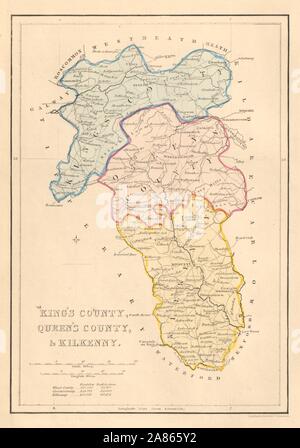 Antike KING AND QUEEN COUNTY & Kilkenny Karte. ADLARD. Offaly Laois 1843 Stockfoto