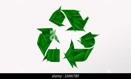 Recycling Logo mit grünen Blättern, weißen Hintergrund Stockfoto